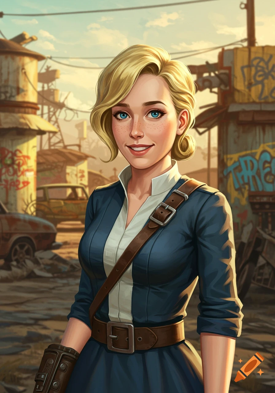 A blonde woman in a blue suit stands in a post-apocalyptic street with graffiti.
