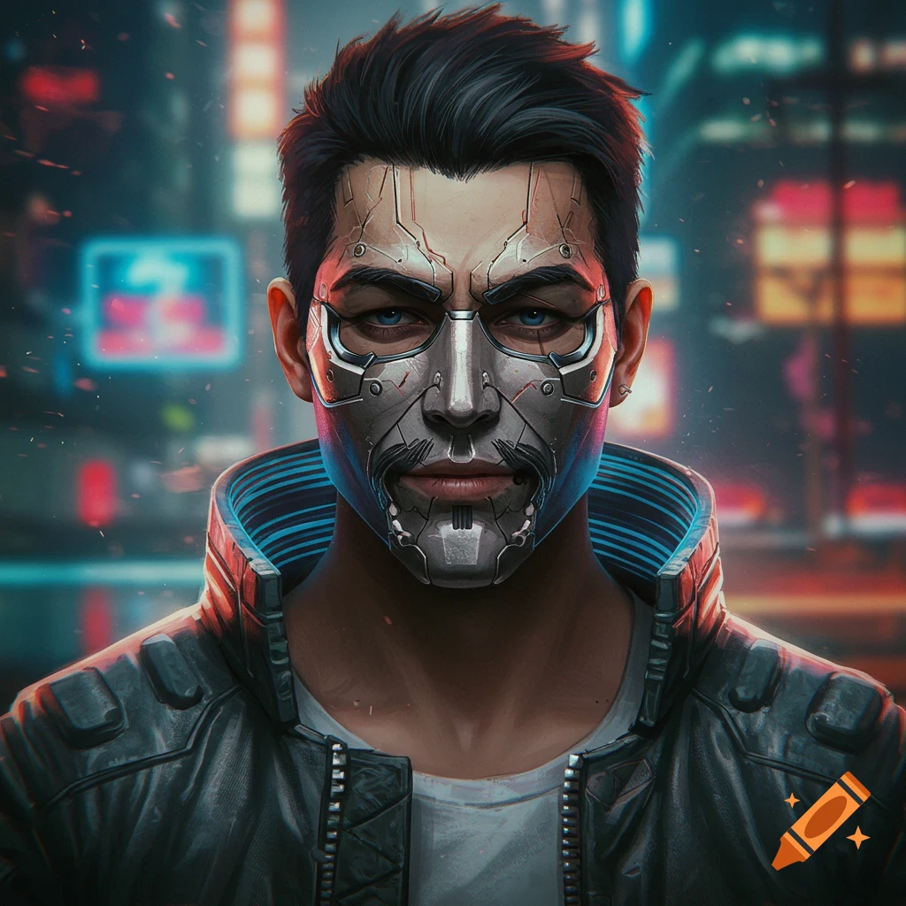 A man with a cybernetic face mask stands in a bustling cyberpunk city.