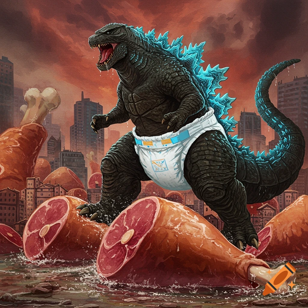 Godzilla in a diaper stomping giant hams in a city.