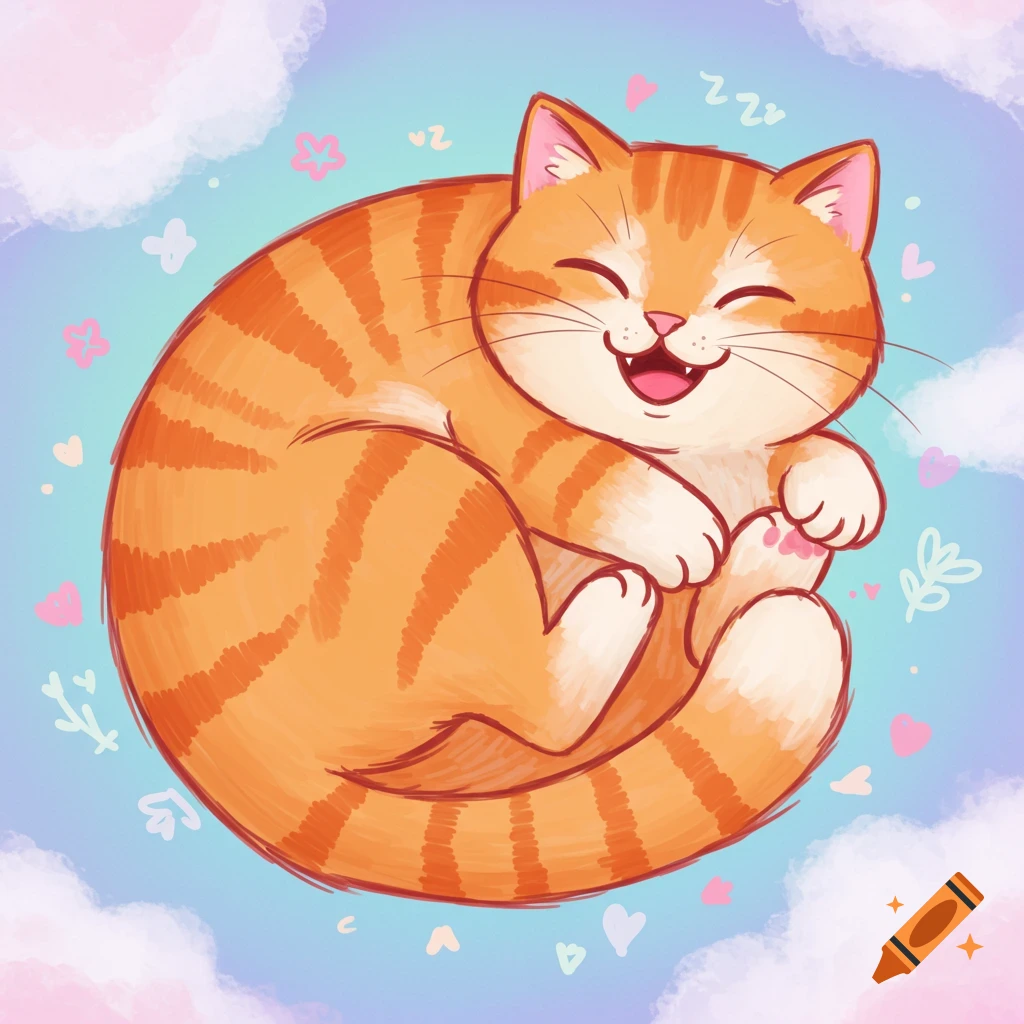 A happy orange tabby cat is curled up and sleeping, floating in a sky with clouds, hearts, and small symbols.