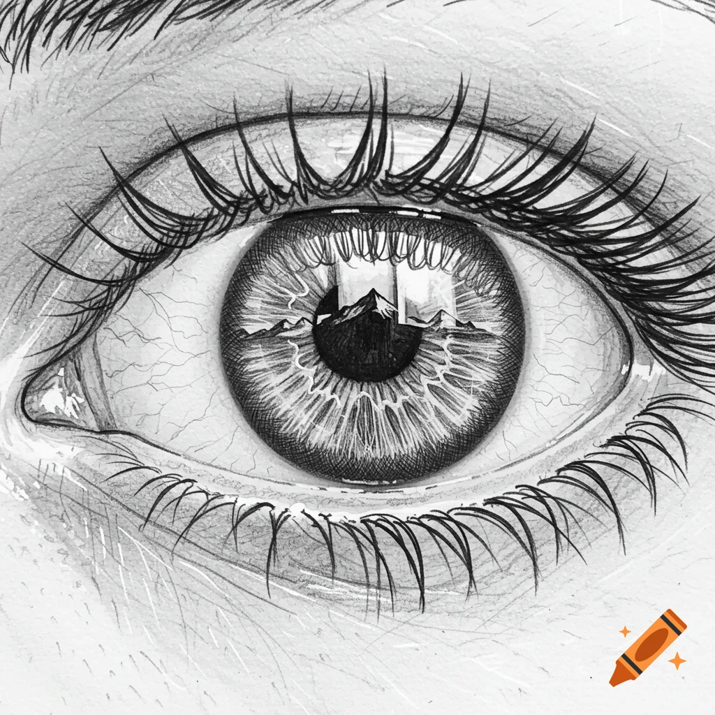 Pencil sketch of a human eye with mountains reflected in the pupil.