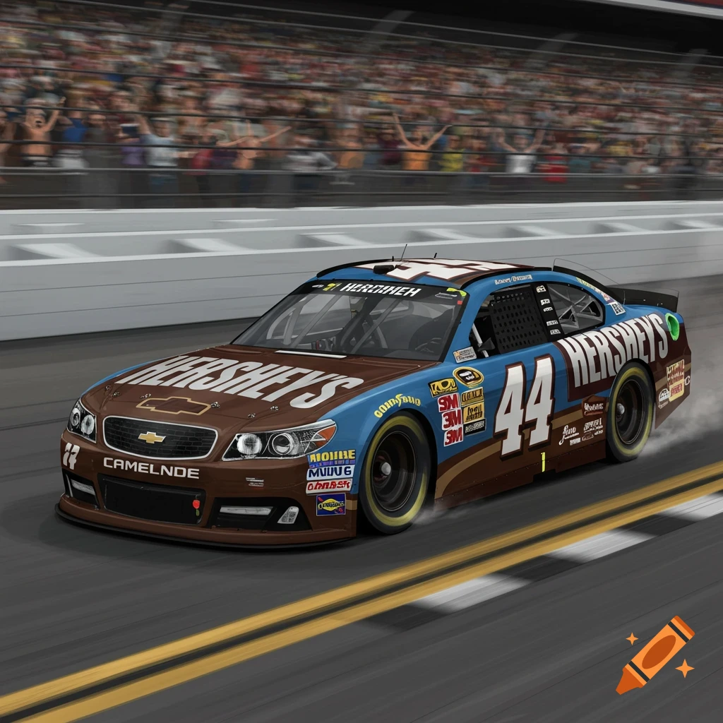 A blue and brown NASCAR sponsored by Hershey's races on a track.