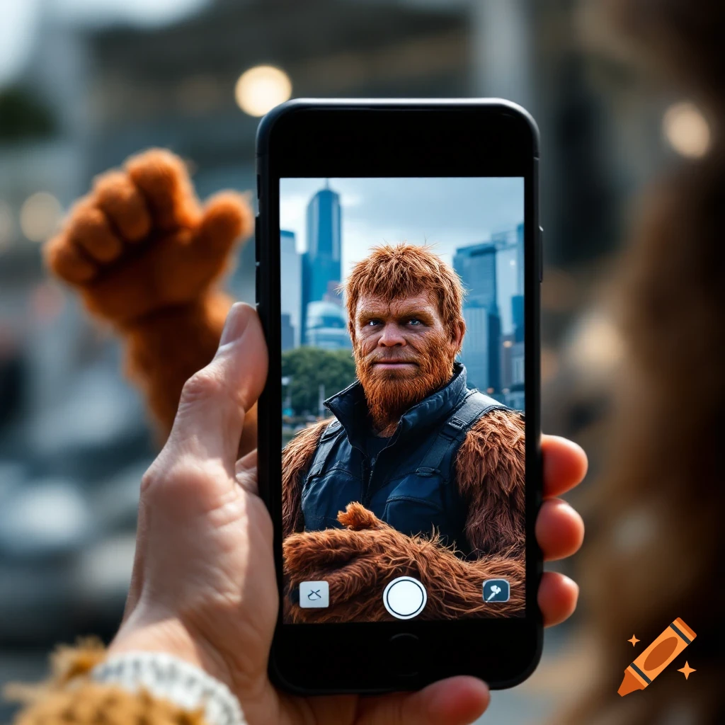 A person holds up a phone taking a picture of a furry creature's portrait against a cityscape background.