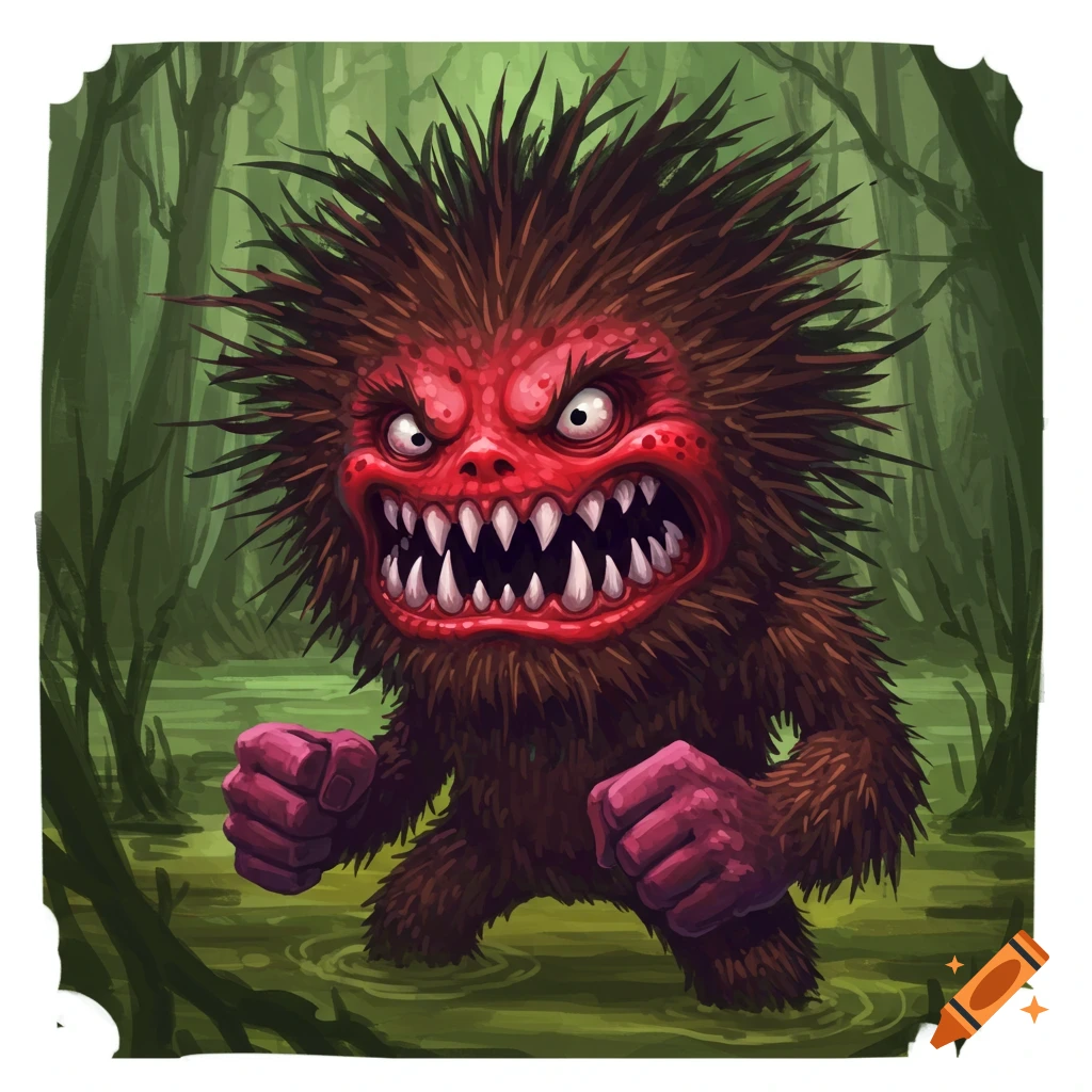 A hairy marsh monster with a red face, sharp teeth, and clenched fists stands in a swamp.