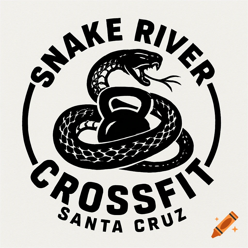 Black and white logo of a snake wrapped around a kettlebell with text 'SNAKE RIVER CROSSFIT SANTA CRUZ'.