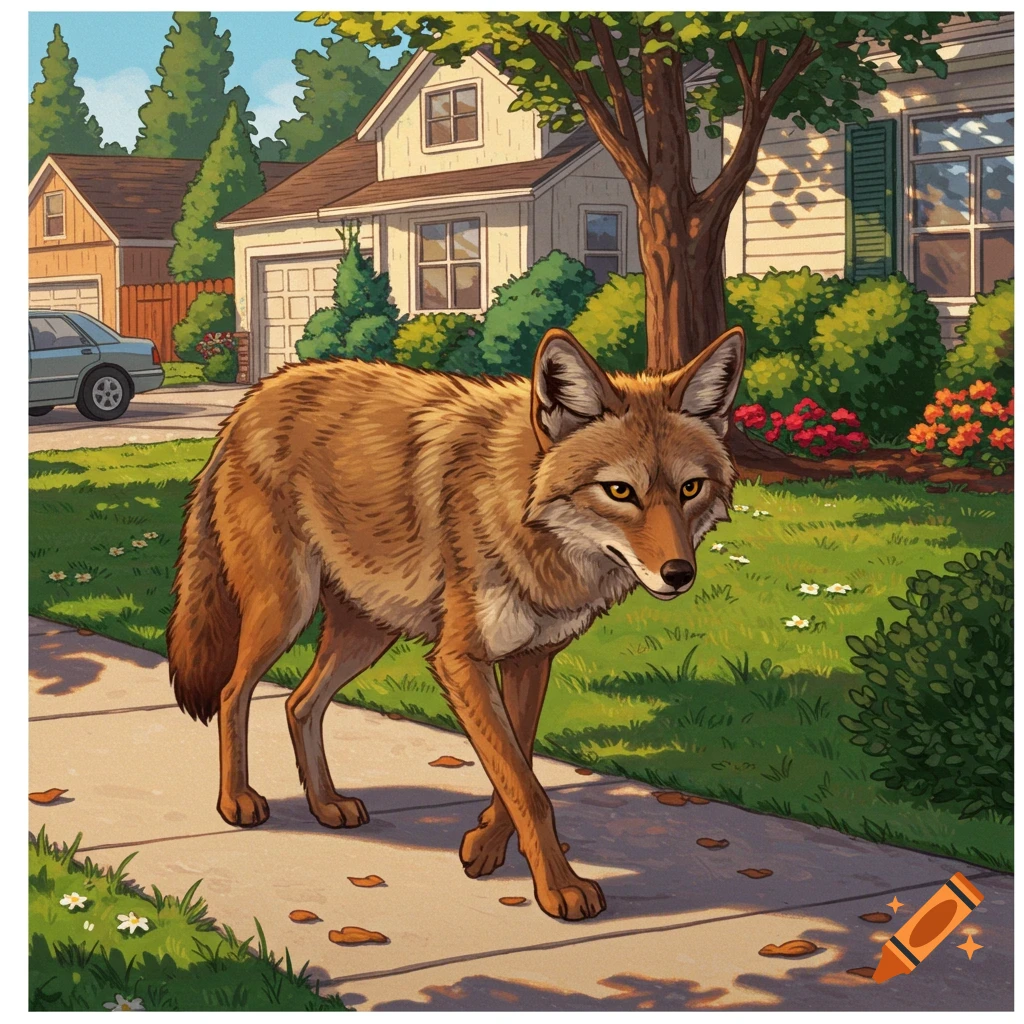 A coyote walking on a sidewalk in a sunny suburban neighborhood.