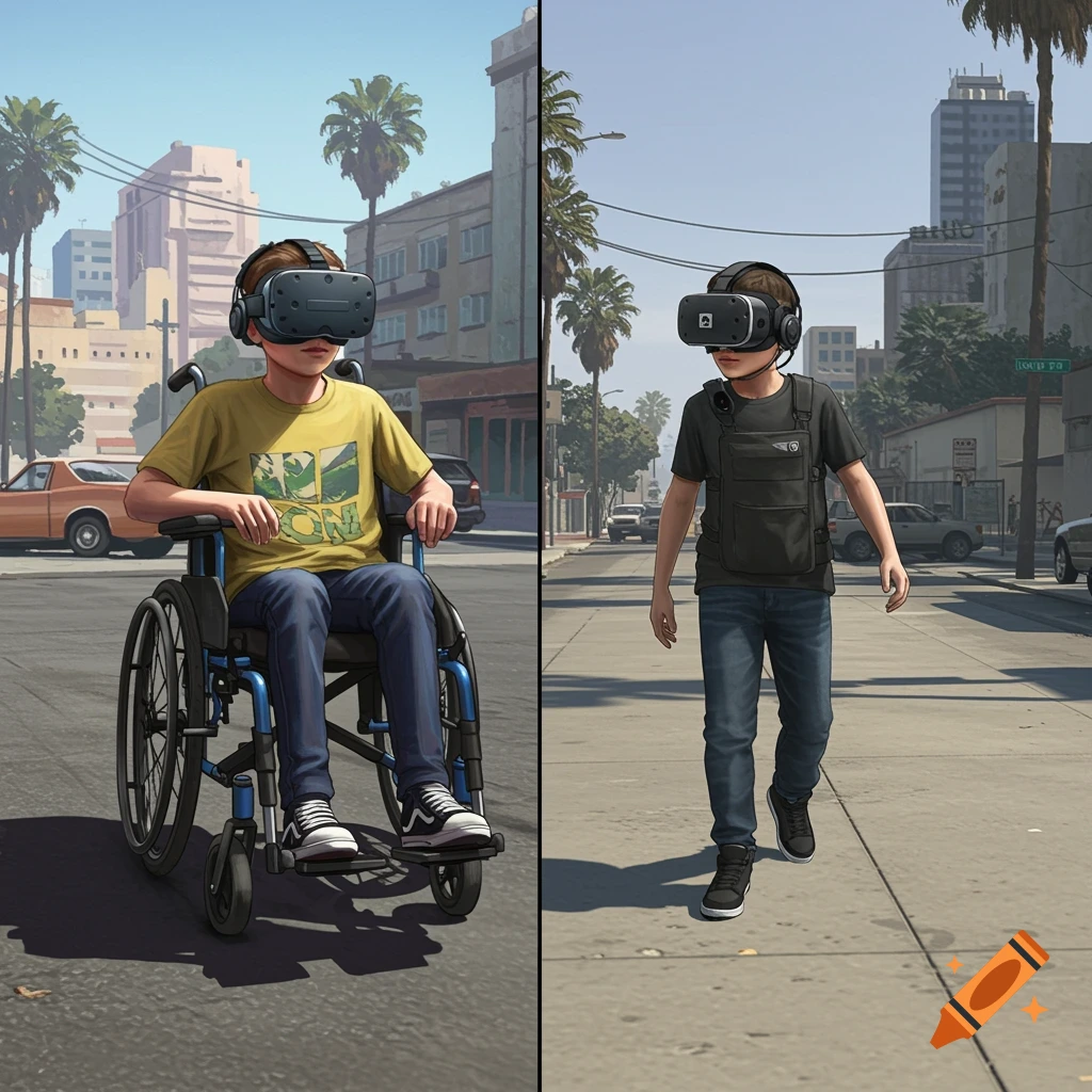 Split screen. Left: A boy in a wheelchair wears a VR headset. Right: The boy stands and walks in a virtual world street.