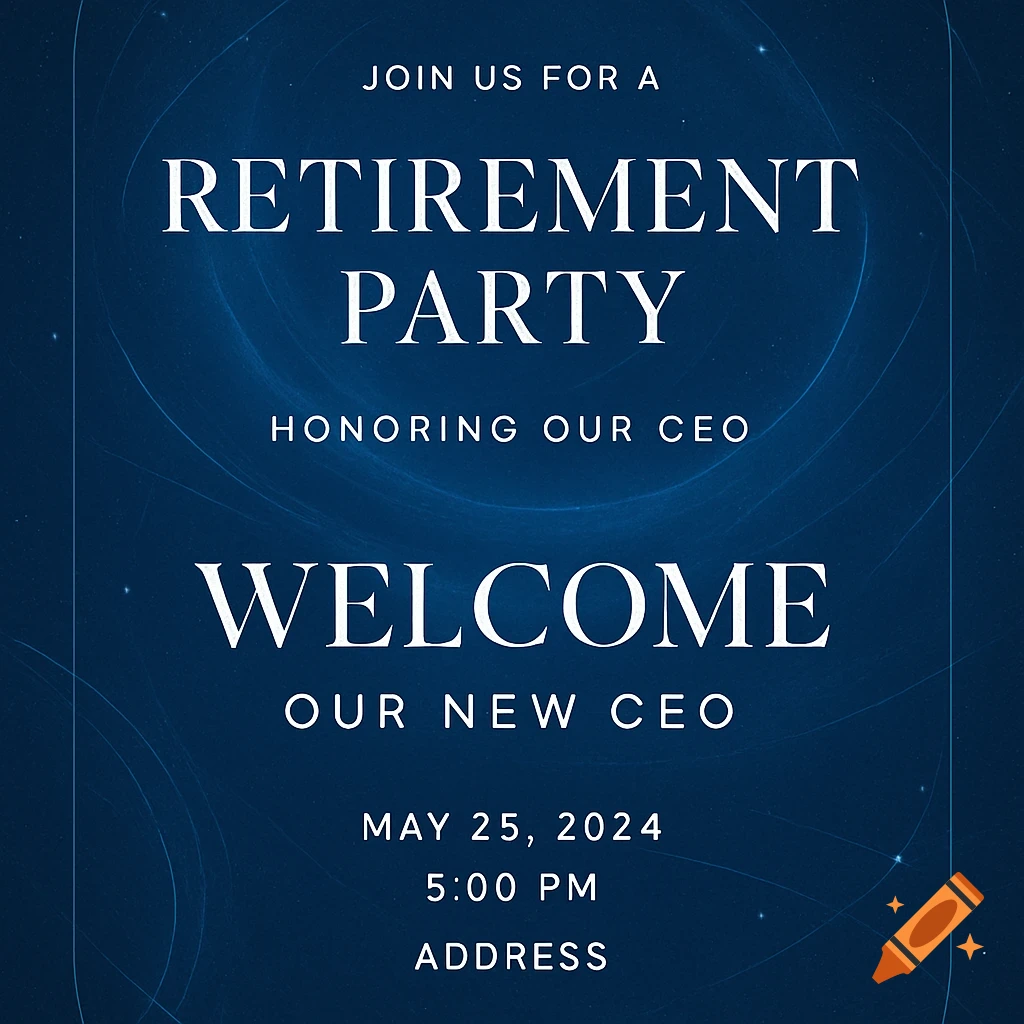Invitation for a CEO retirement and welcome party with event details on a blue abstract background.