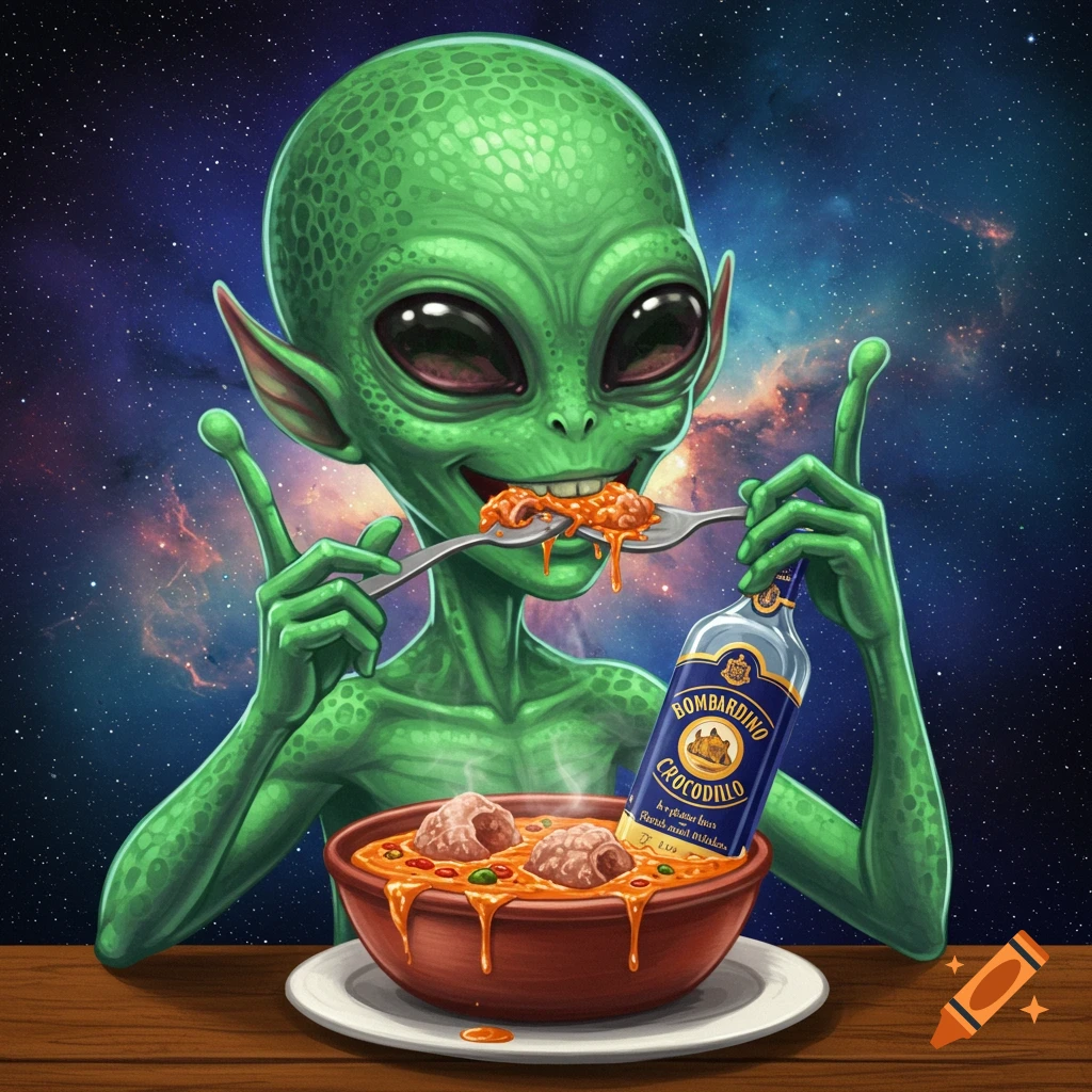 A green alien eating food and holding a bottle labelled Bombardino Crocodilo in outer space.