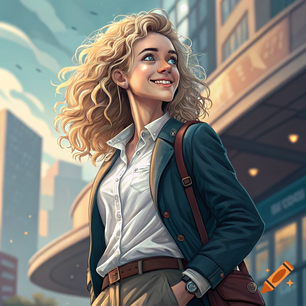 A woman with curly blonde hair in a business jacket smiles and looks up, standing in a city.