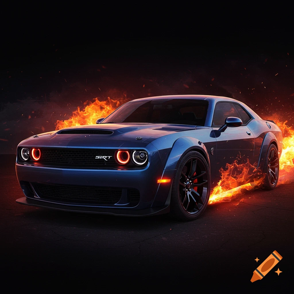 A blue car engulfed in flames
