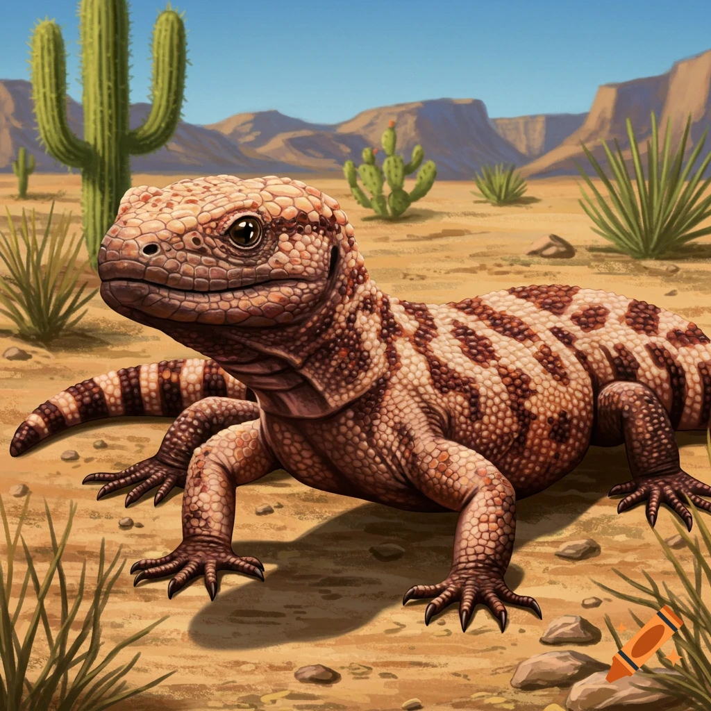 A hybrid lizard is depicted in a desert landscape, surrounded by cacti and mountains.