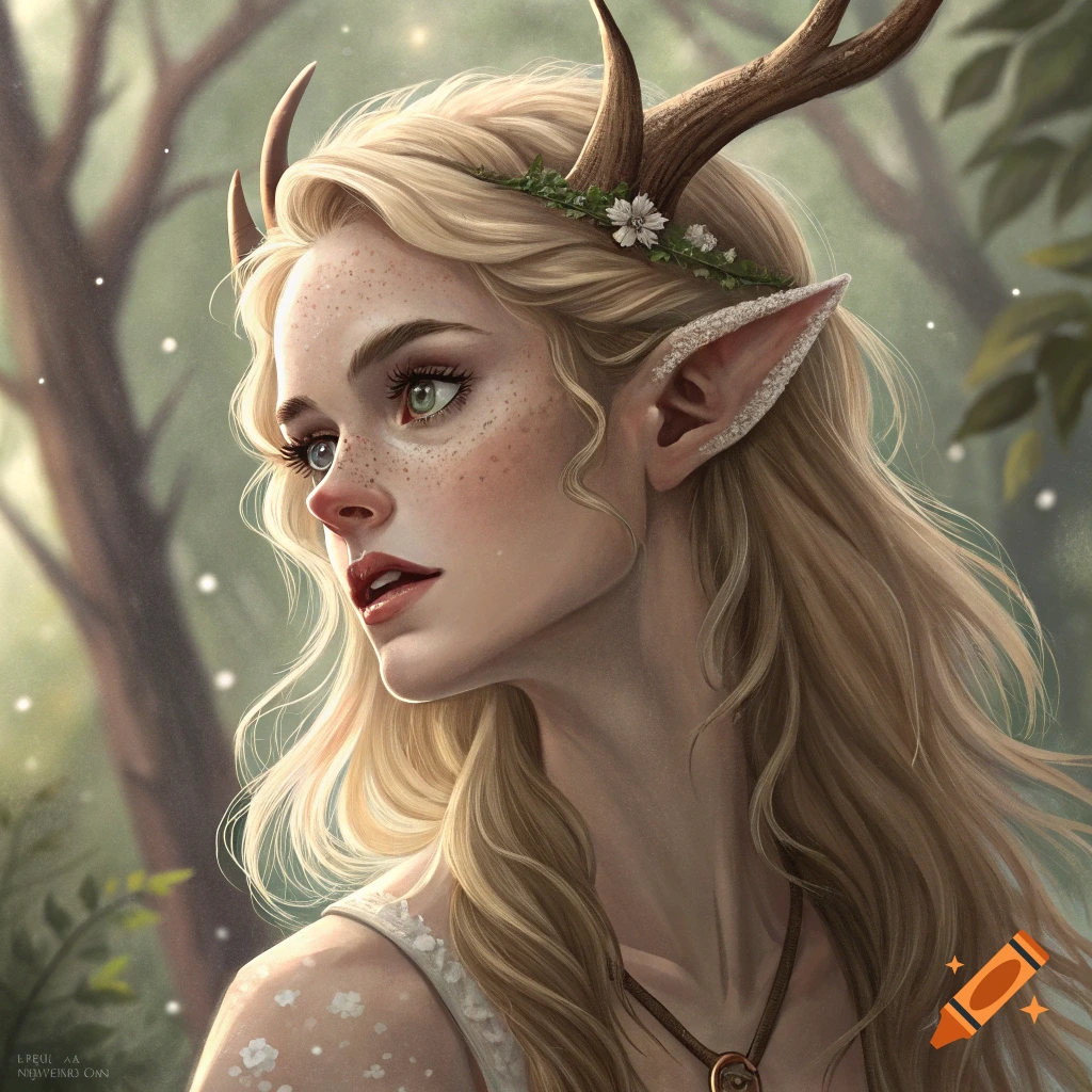 Close-up of a blonde young woman with antlers and pointed ears in a forest.