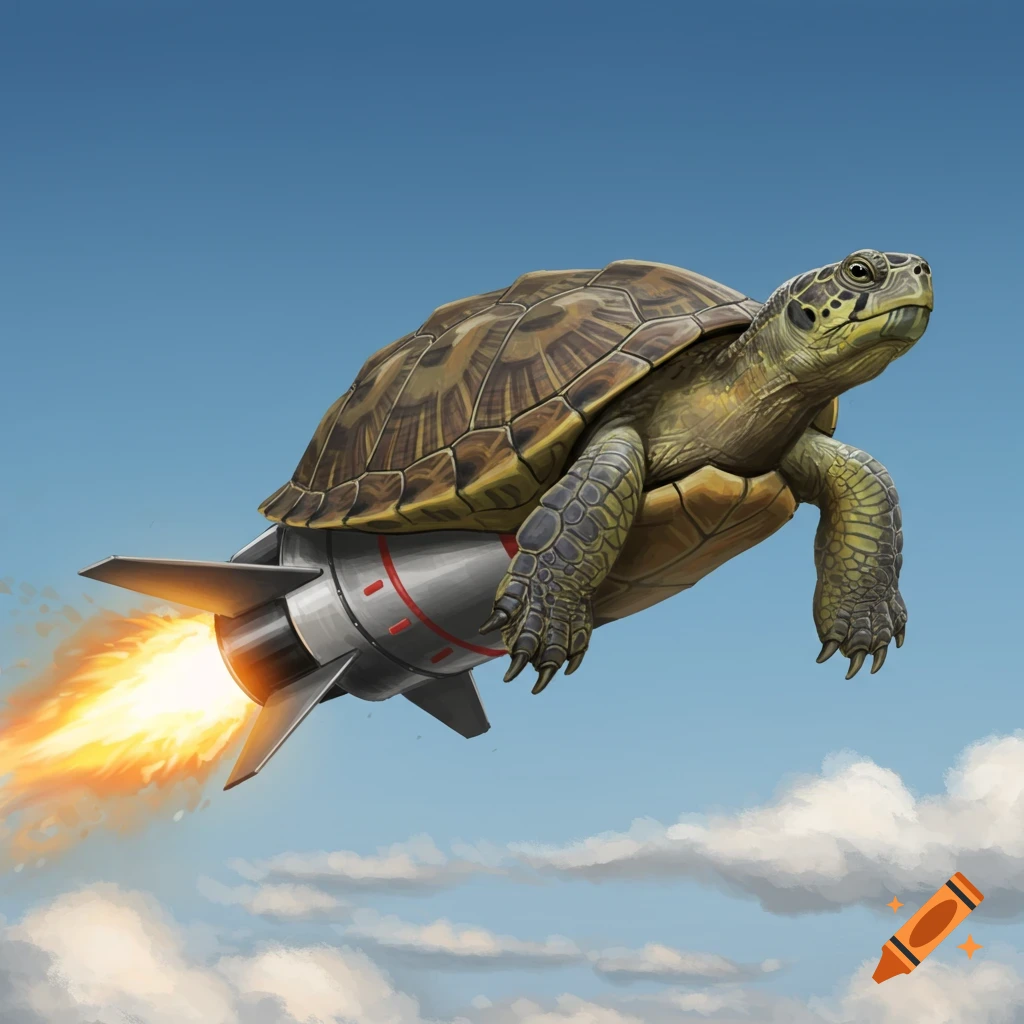 A turtle flying through the sky on a rocket engine.
