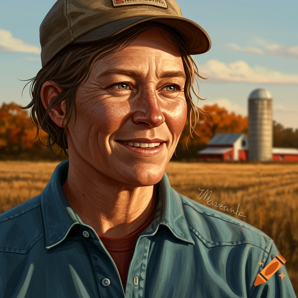 A woman wearing a cap stands in a field with a farm and silo behind her.