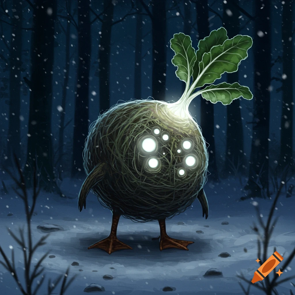 A strange round creature made of scribbles with glowing eyes and duck feet stands in a snowy forest at night, with a glowing turnip stem on its head.