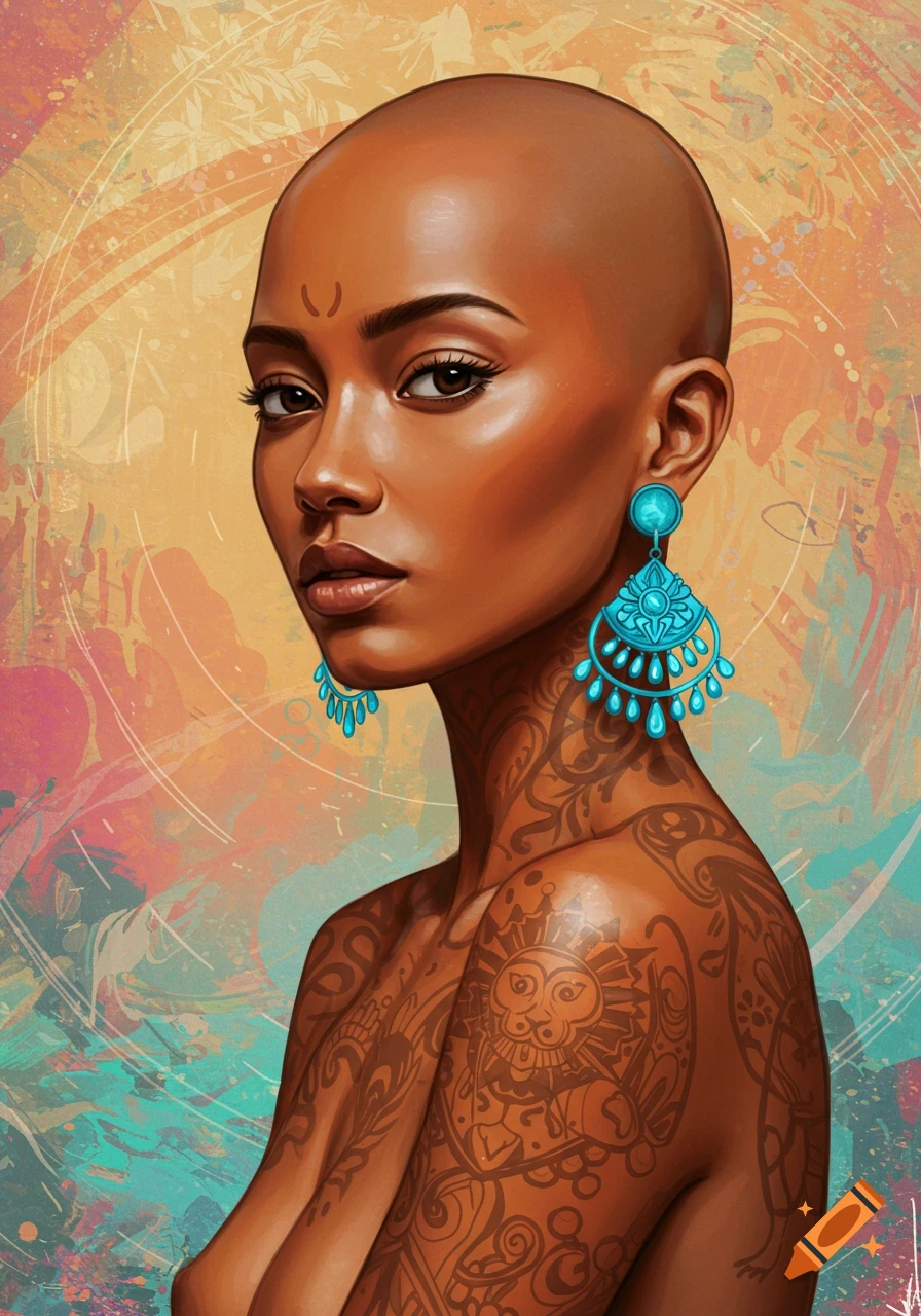 A portrait of a bald woman with tattoos and large blue earrings.
