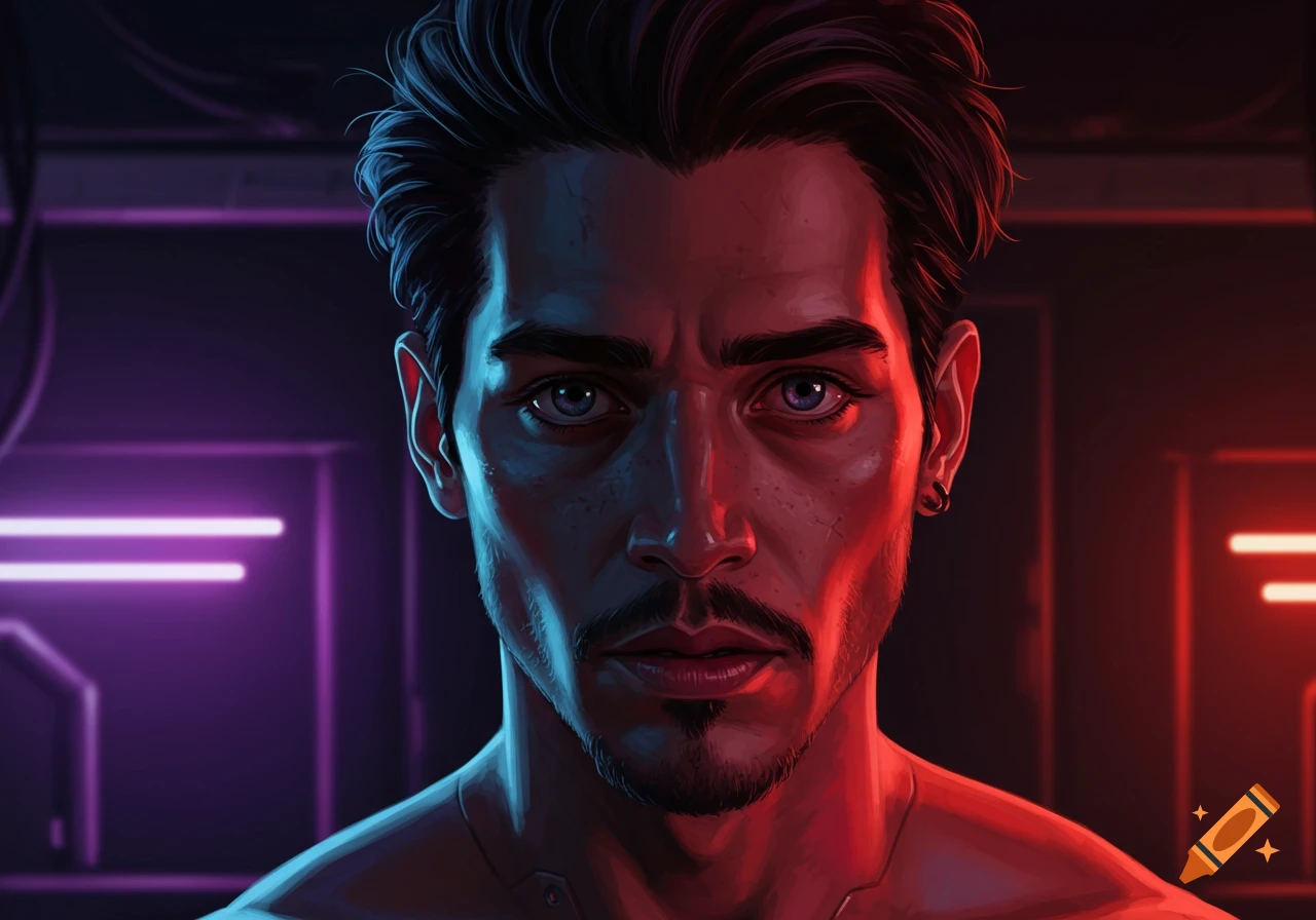 Close-up of a man's face lit by red and purple neon lights in a sci-fi setting.