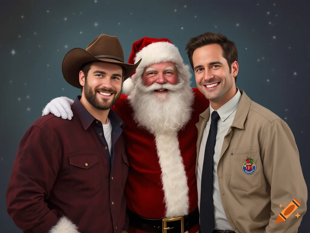Santa Claus smiling between two men against a starry background