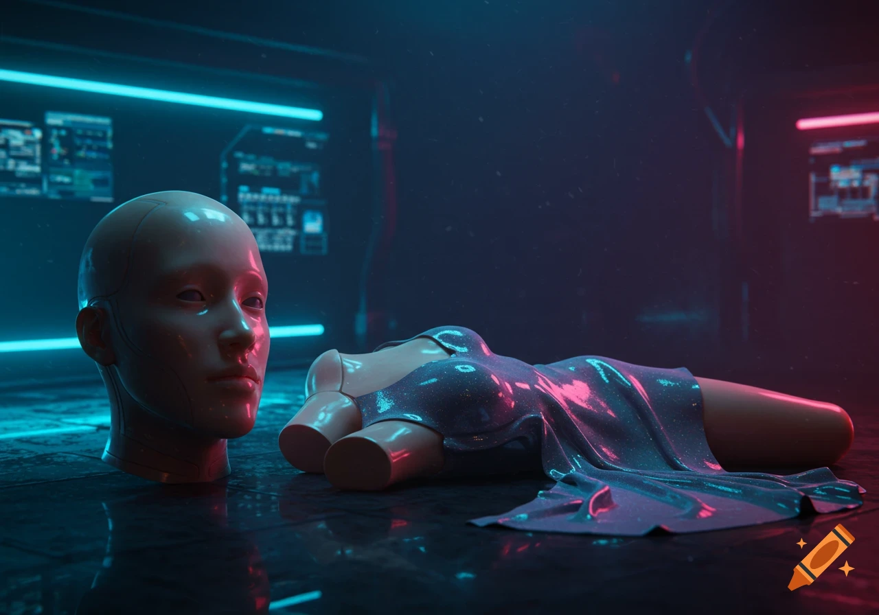 Hyperrealistic digital art of a silicone head and draped bodysuit in a neon-lit cyberpunk room.