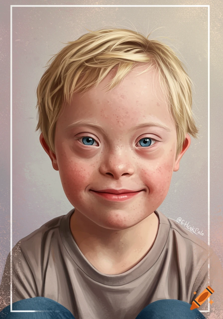A portrait of a young boy with blond hair and blue eyes, smiling slightly.