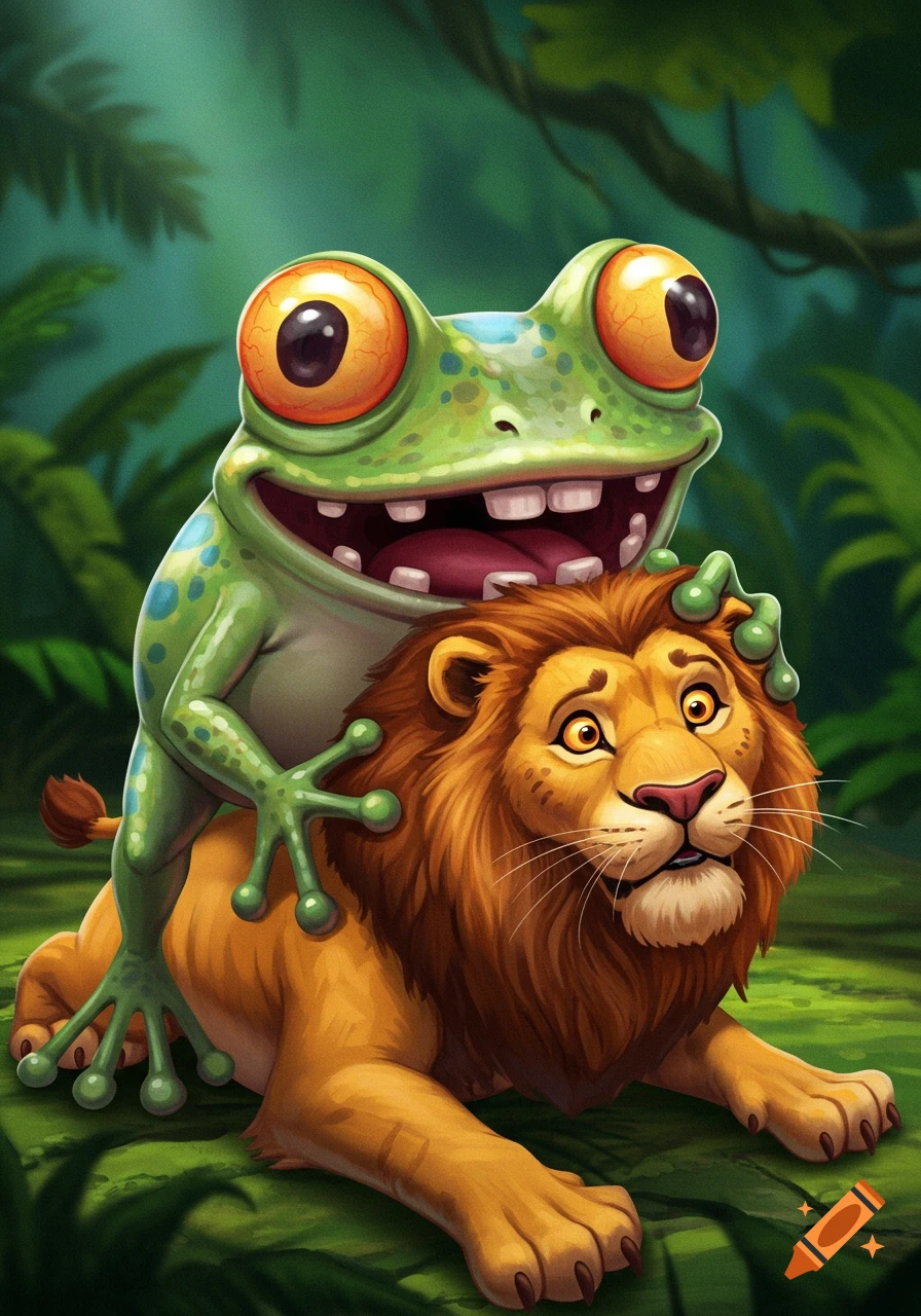 Cartoon frog sitting on a lion's head in a jungle.