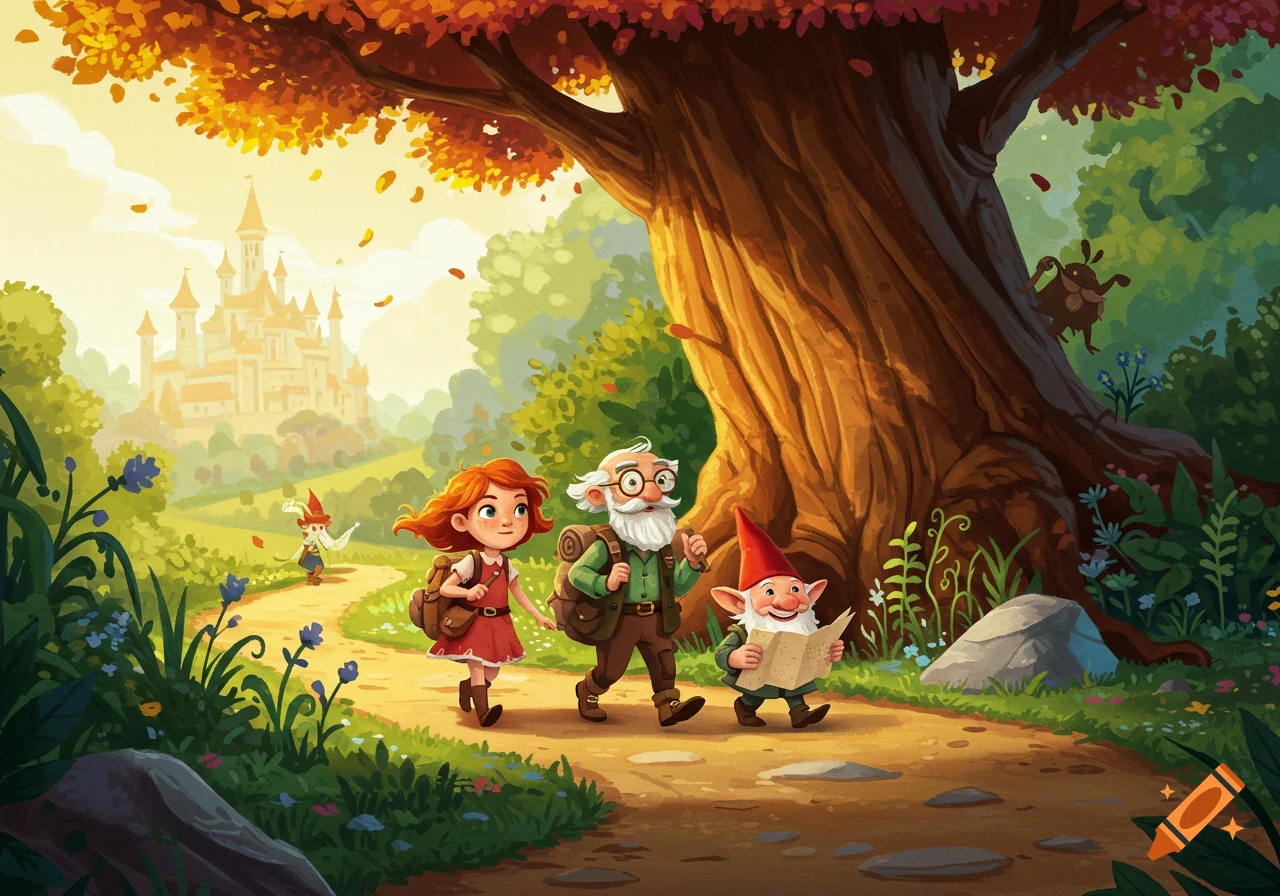 A young girl, an old man, and a gnome walk on a path towards a castle in a fantasy landscape with autumn trees.
