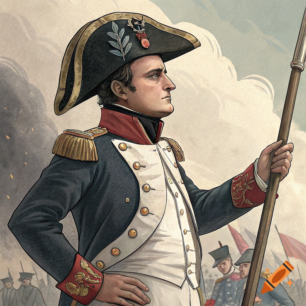 Napoleon Bonaparte in a military uniform and hat, holding a staff.