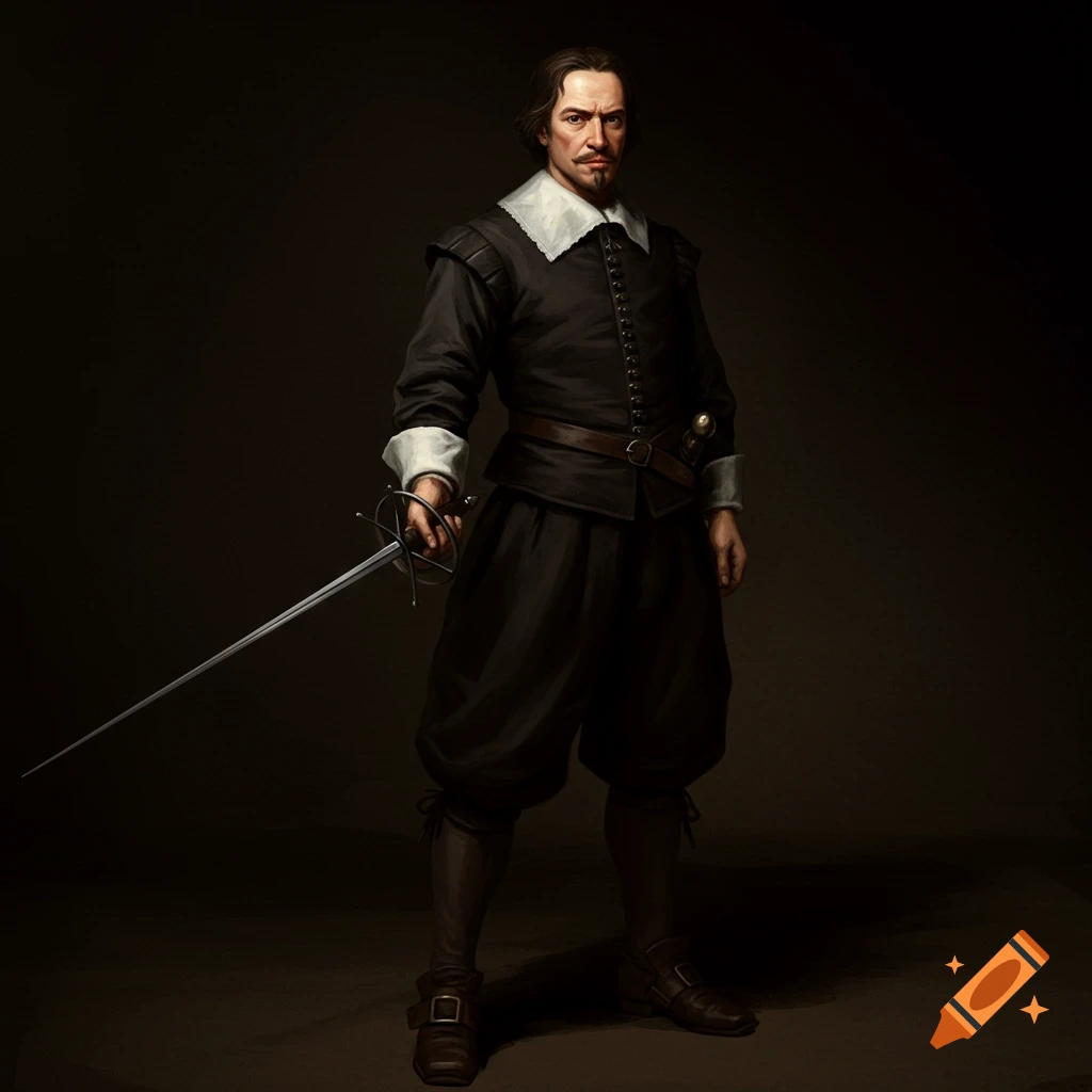 A man in historical clothing holds a rapier.