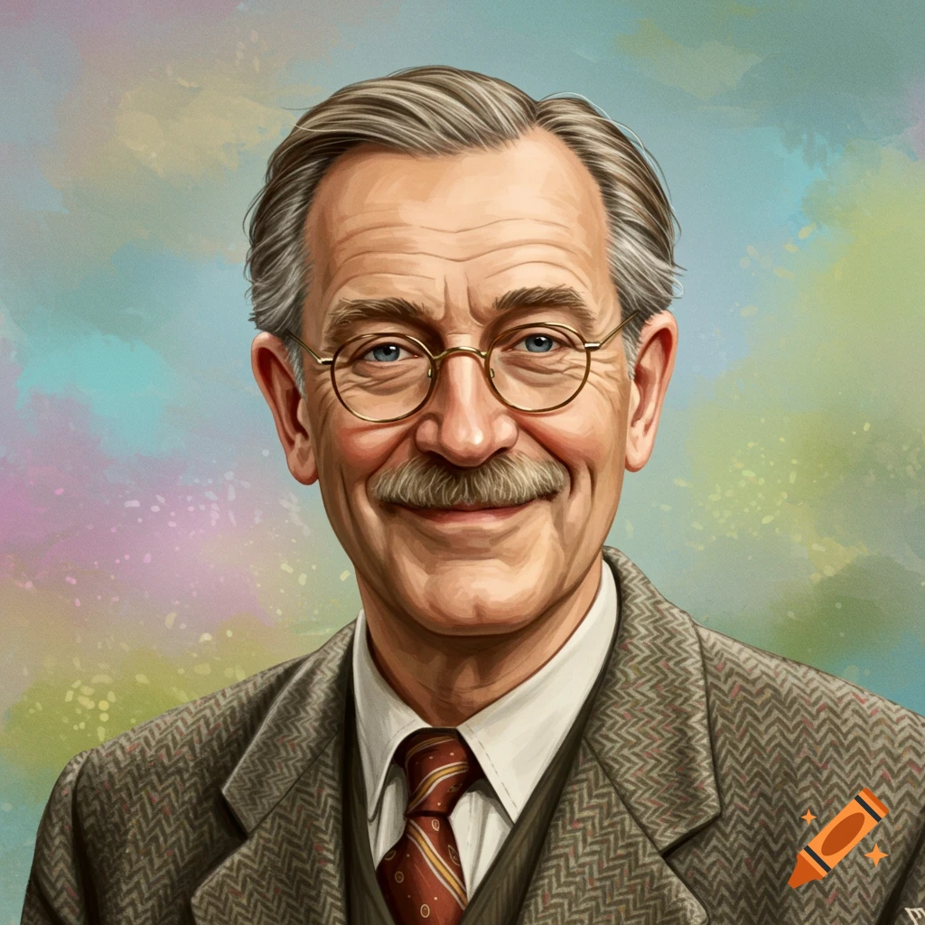 An older man with glasses, mustache, and tweed suit is smiling.