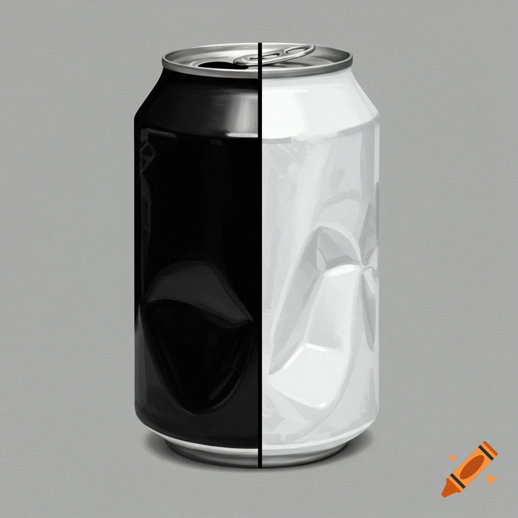 Soda can split vertically, half black, half white, on a grey background.