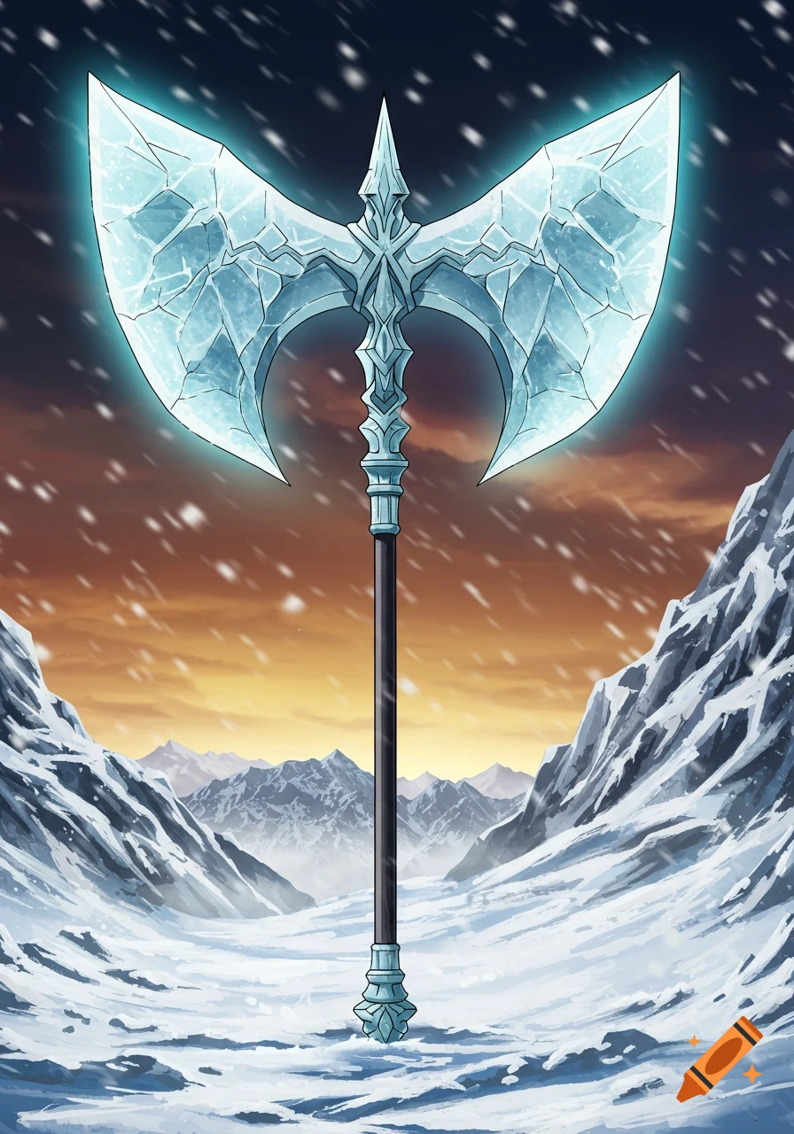 Anime style drawing of a large ice axe standing in a snowy mountain landscape at sunset.