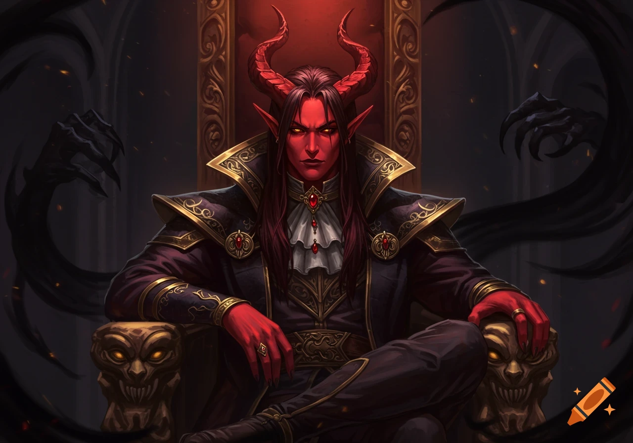 A red-skinned tiefling noble with horns is seated on a throne.