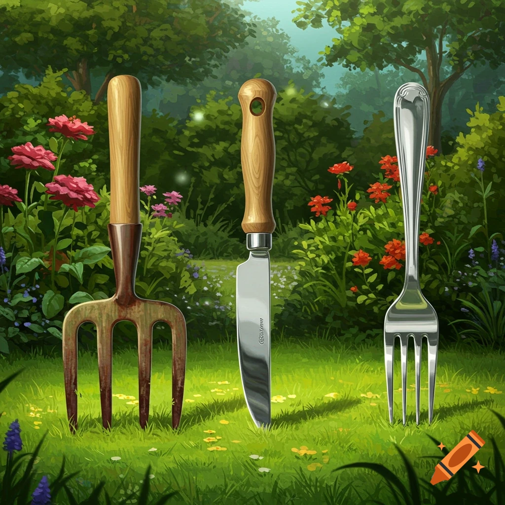 A garden fork, knife, and cutlery fork standing in the grass of a lush garden.