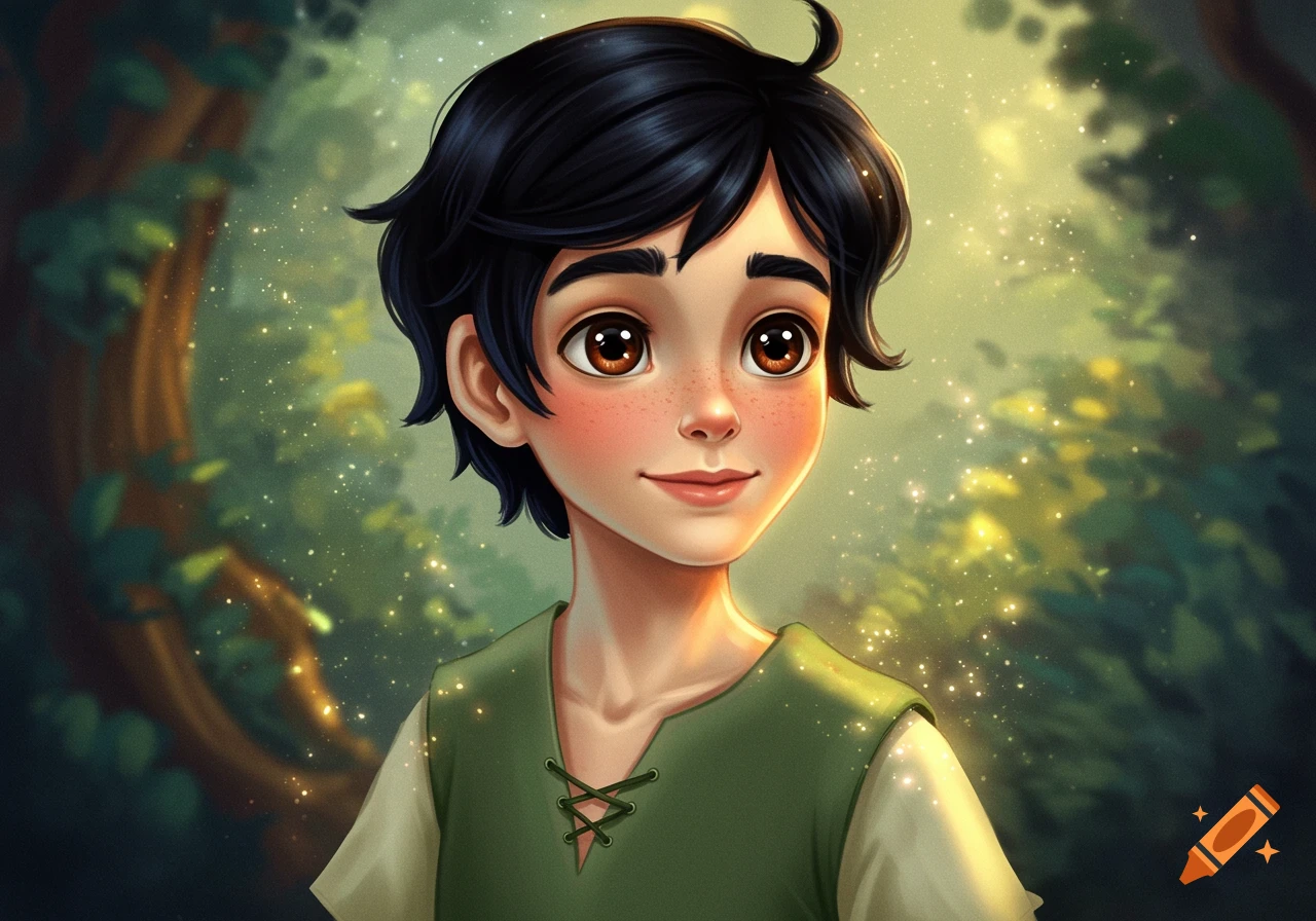 Portrait of a young boy with dark hair, freckles, and big brown eyes, smiling in a magical forest.