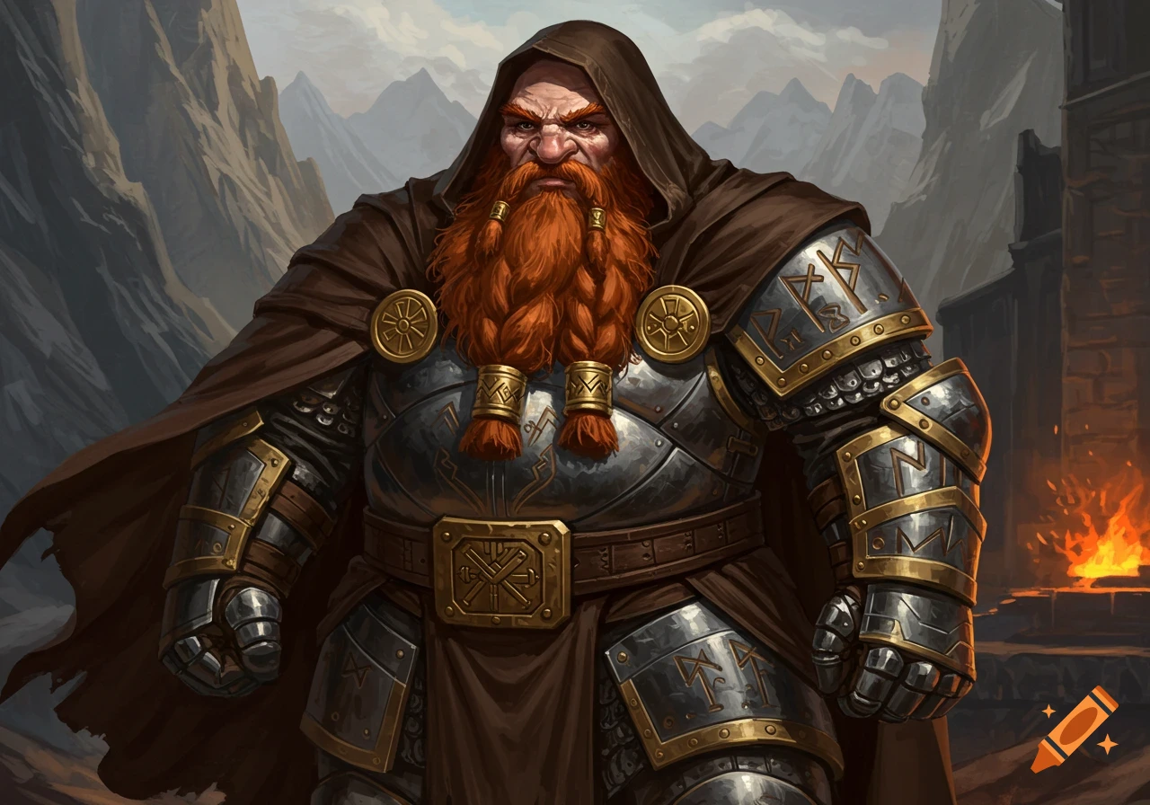 A dwarf warrior in plate armor and robe.