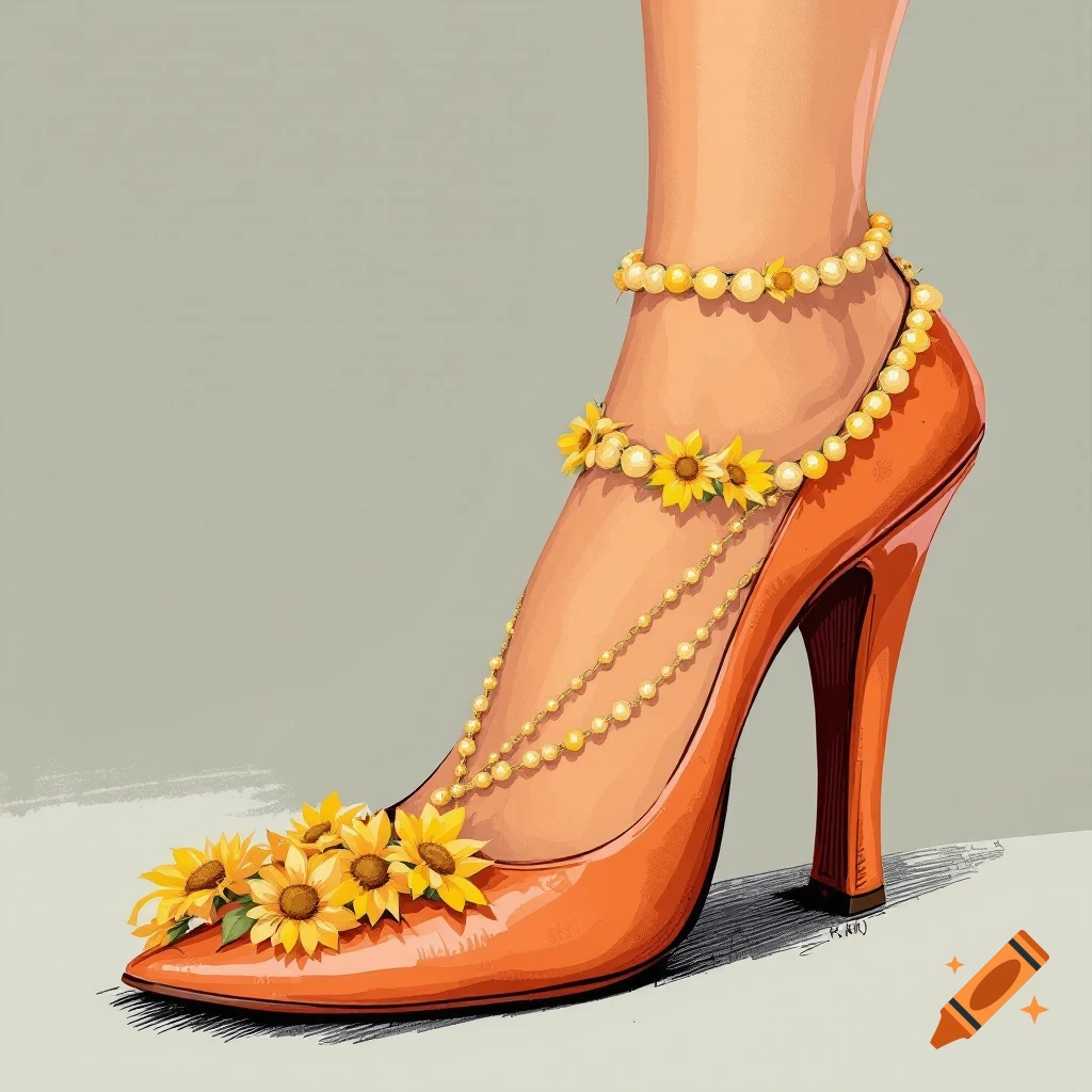An orange high heel shoe on a leg, decorated with sunflowers and layered gold beaded jewelry.
