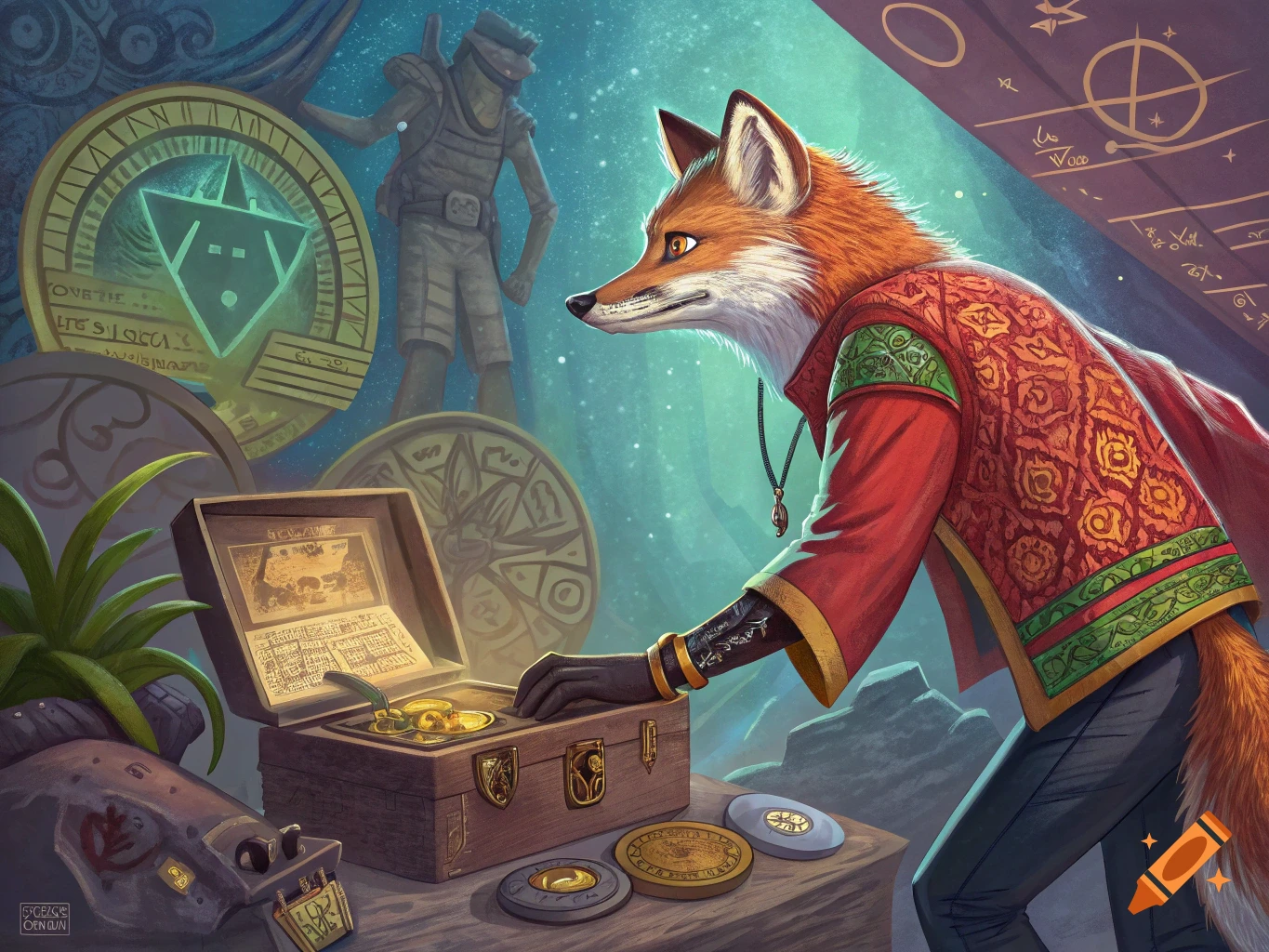 An anthropomorphic fox in a red jacket examines ancient artifacts in a cave, surrounded by large circular discs and a statue.