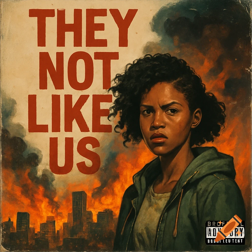 A woman is standing in front of a burning city. Large text says, "THEY NOT LIKE US".