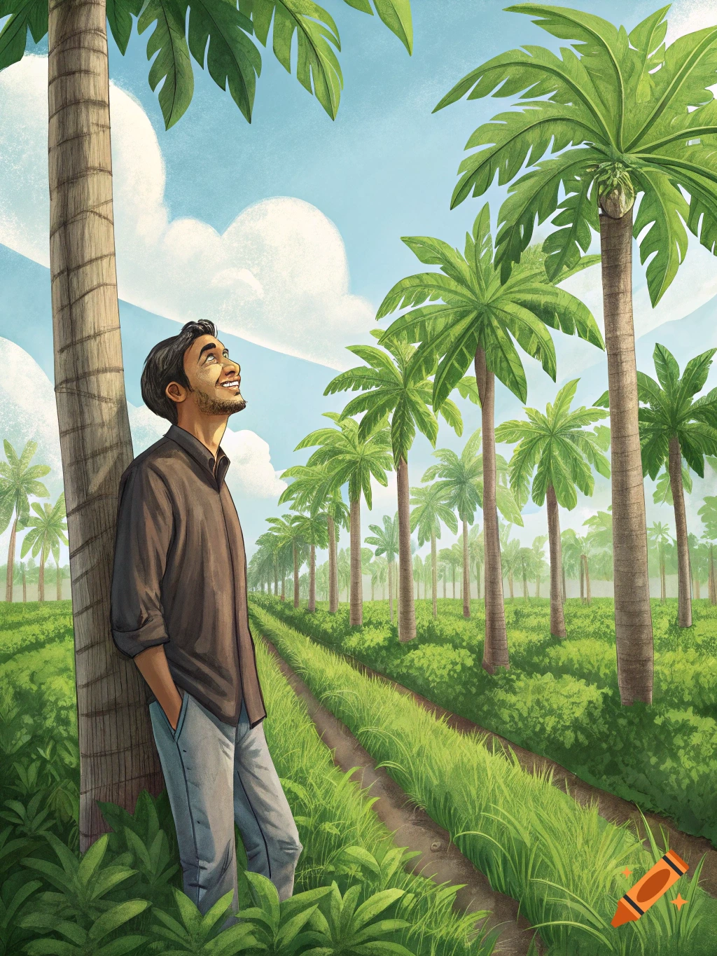 A man stands leaning against a palm tree in a plantation, looking up at the sky. Illustration.