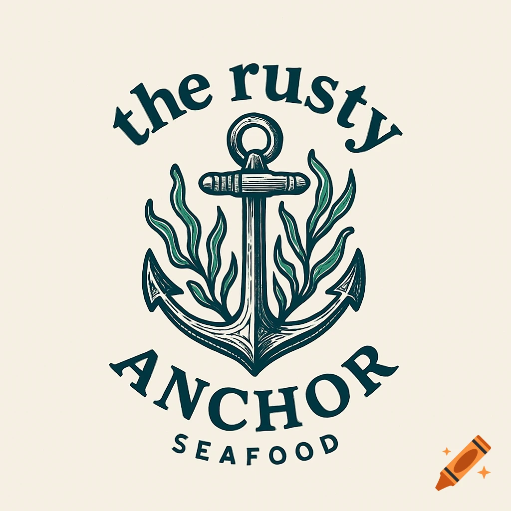 Vintage logo of an anchor wrapped in seaweed with text 'the rusty anchor seafood' on a light background.