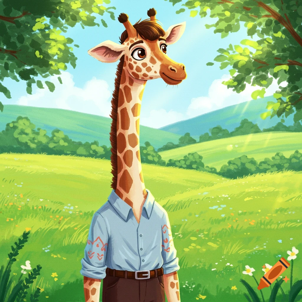A giraffe character in a shirt stands in a grassy field.