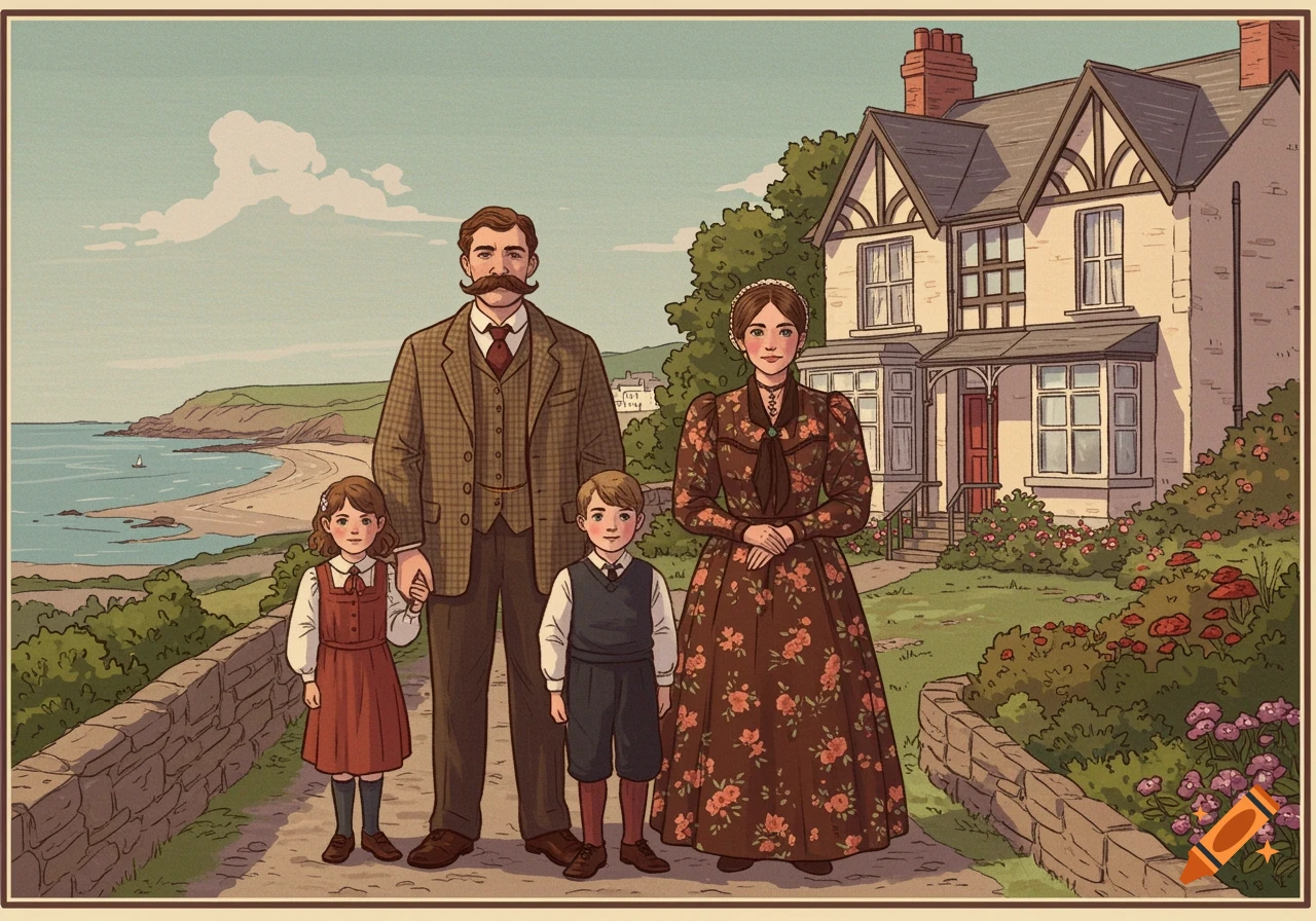 Illustration of an early 20th-century family of four outside a Victorian house near a coast.