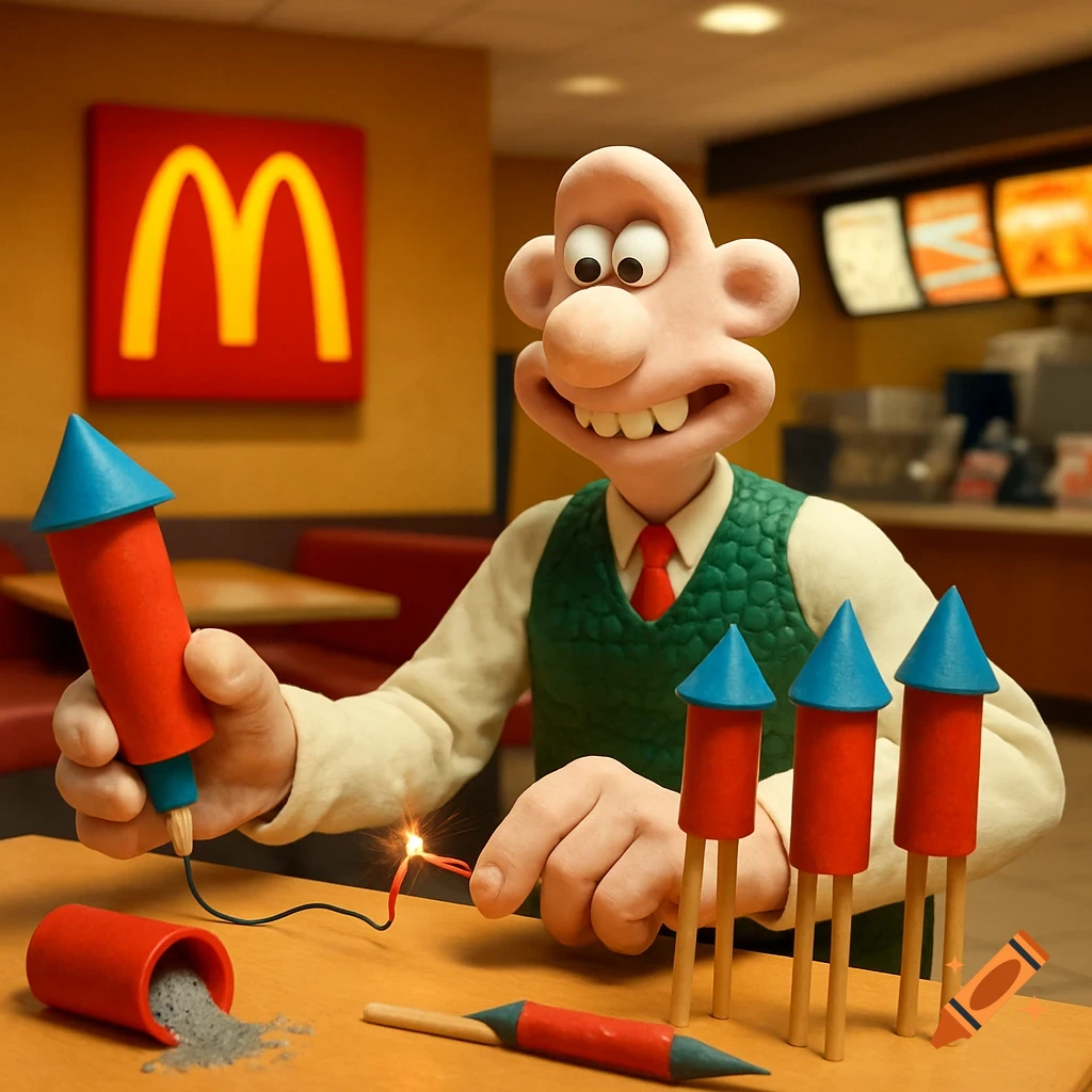 Claymation Wallace lights a firework inside a McDonald's restaurant.