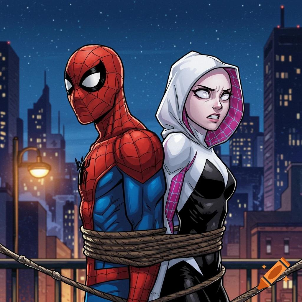 Spider-Man and Spider-Gwen tied back to back on a city rooftop at night.