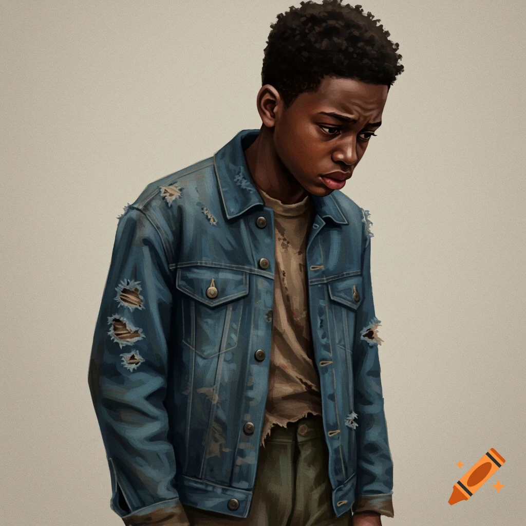 A young Black boy in a torn denim jacket looks down with a worried expression.