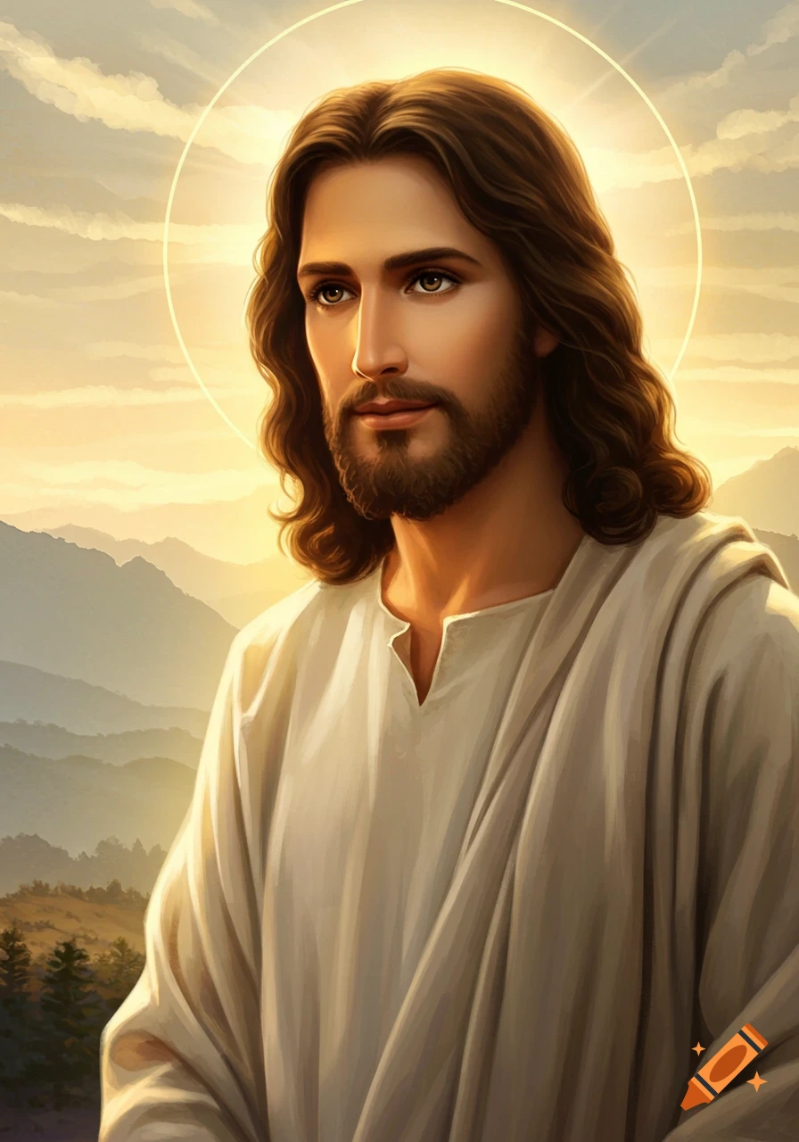Jesus with a halo against a sunset sky and mountains.