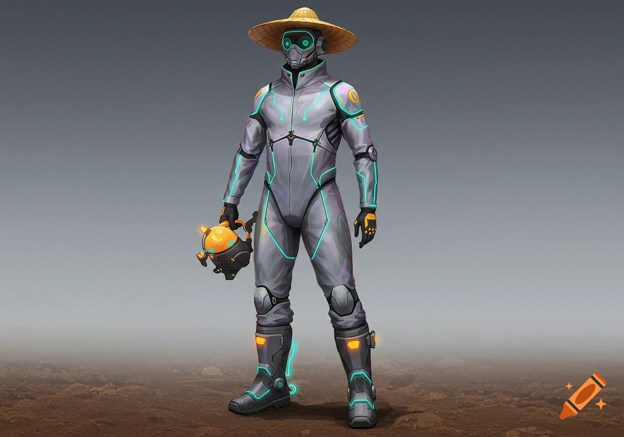 A person in a futuristic suit and straw hat holds a small device.