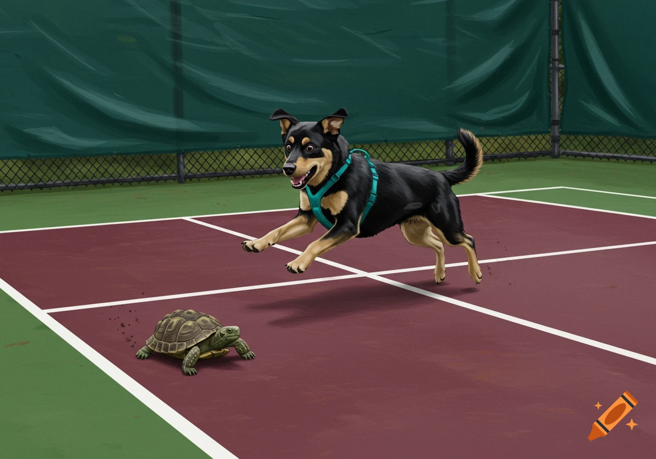 A black and tan dog wearing a teal harness runs away from a small turtle on a tennis court.