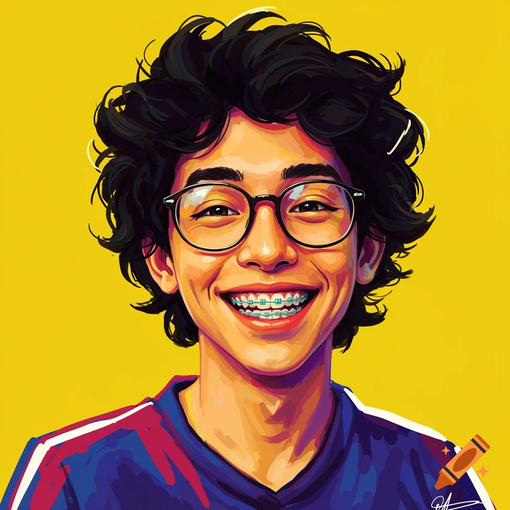 Vibrant pop art portrait of a young man with glasses and braces smiling against a yellow background.